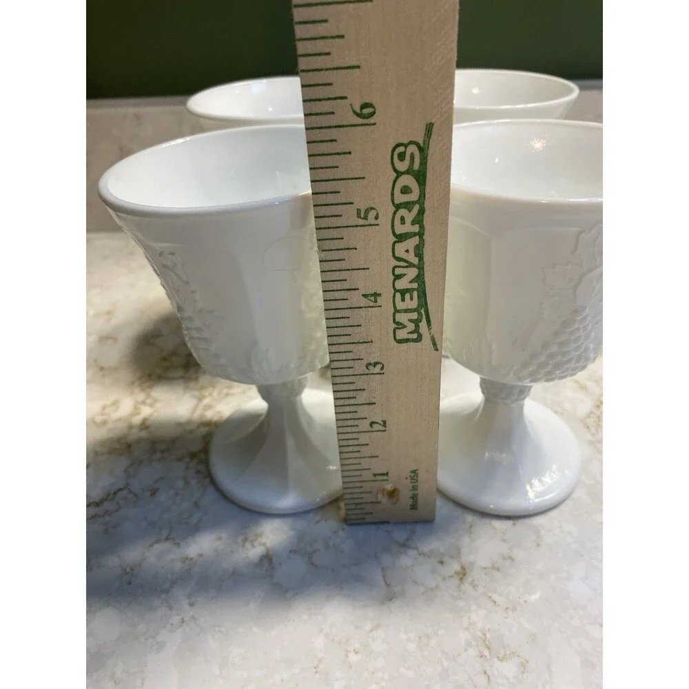 Set of 4 White Milk Glass Grape Pattern Pedestal Goblets 10 oz Vintage Drinkware